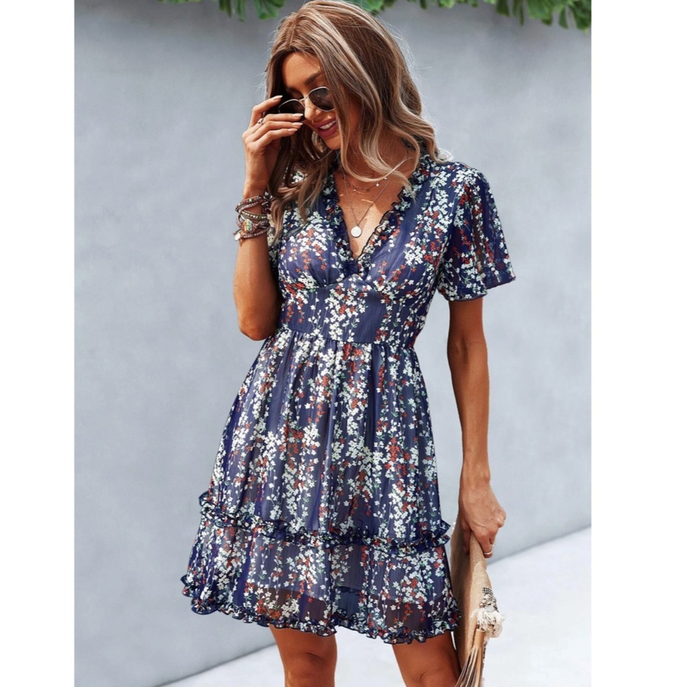 Floral Navy Blue Dress Summer V-Neck Short Mini - Picture 2 of 7